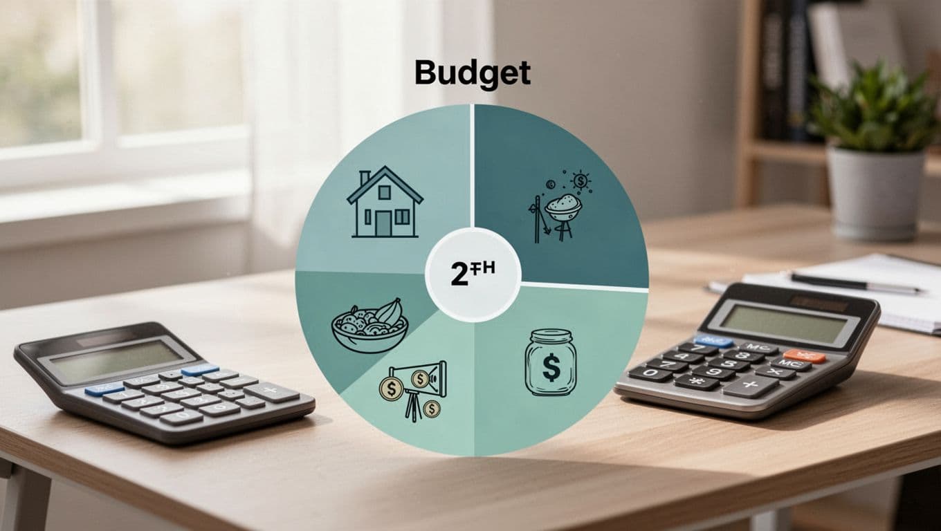 Modern illustration of a pie chart showing 50% needs, 30% wants, 20% savings with icons like house, rent, food, fun, and savings jar on a simple desk with calculator, in soft blues and greens.