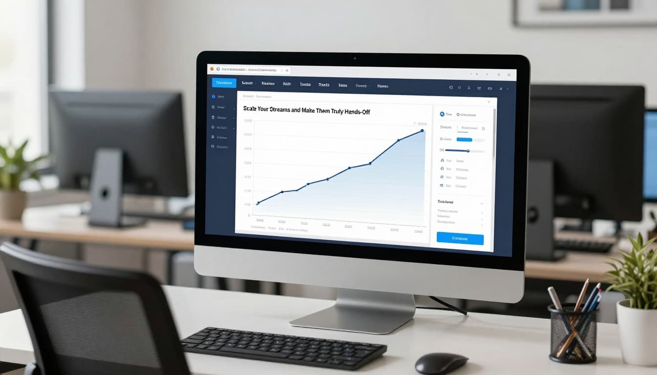 Dashboard view of analytics on a computer screen displaying rising graphs for traffic and sales in a modern office setup with an empty chair, realistic photo with even lighting and angled screen, no readable text or people.