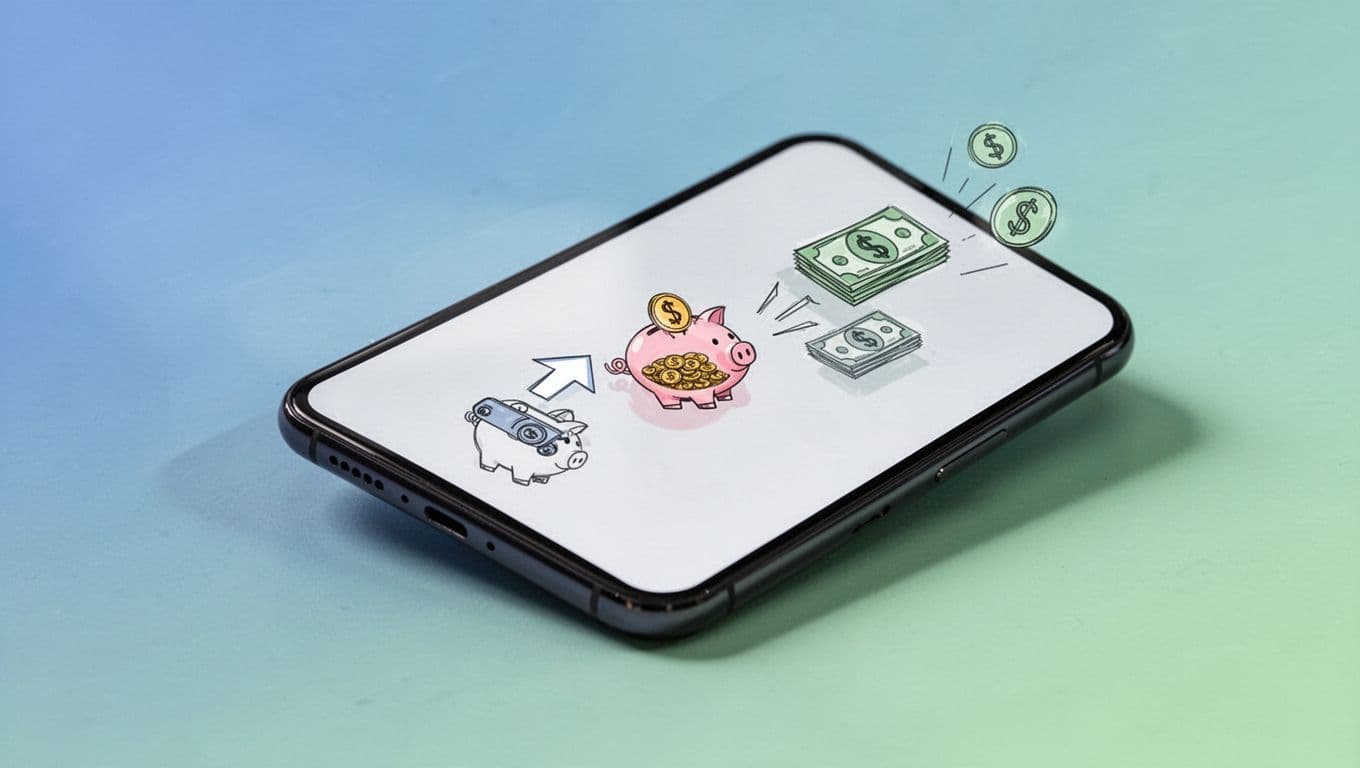Modern illustration featuring a smartphone app screen at an angle, displaying auto-transfer to savings, bill pay icons, and a filling piggy bank, using clean shapes and a soft blue-green palette on a simple background.