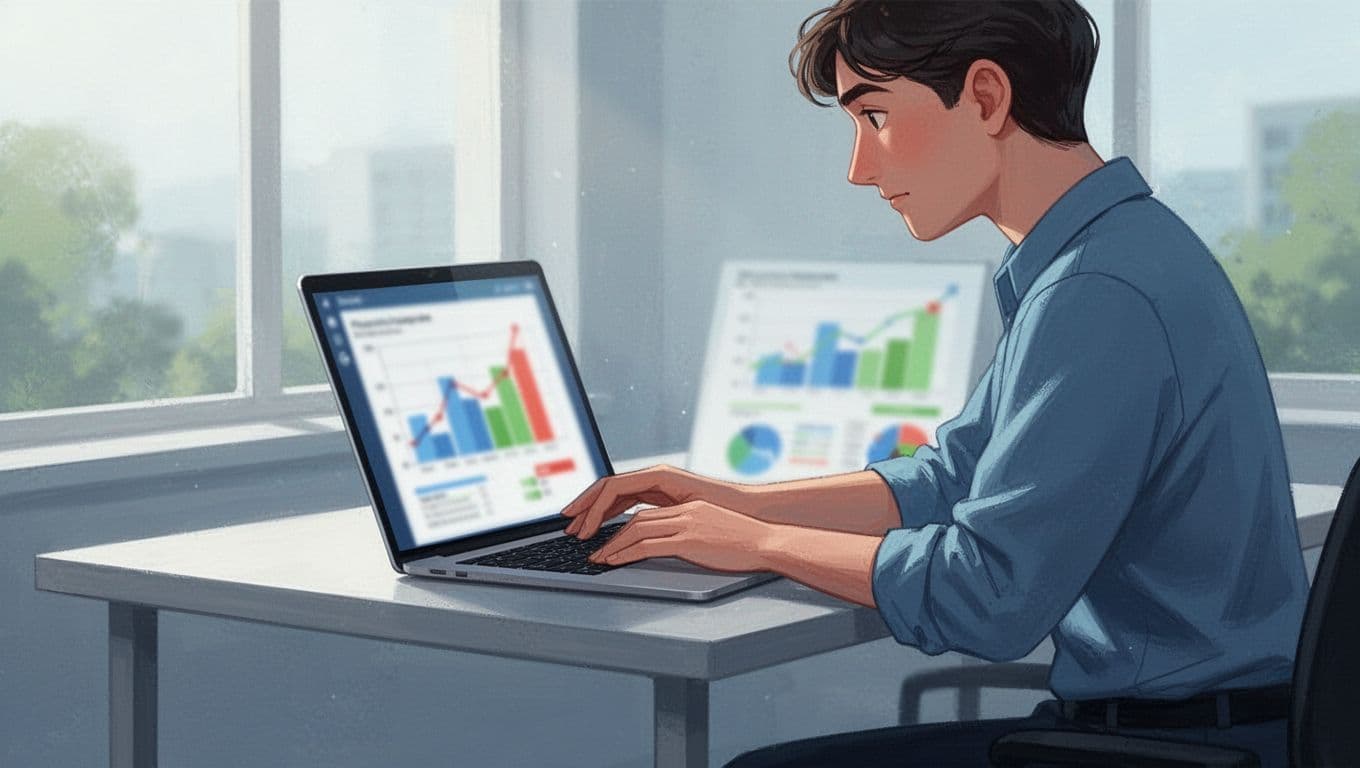 Modern illustration in blues and greens showing a person reviewing a laptop screen displaying a bookkeeping app dashboard with categorized income, expenses, and graphs. Simple desk setup under natural lighting, no text, logos, or watermarks.