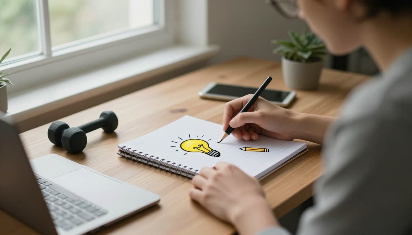 A person sitting at a desk in a cozy home office, brainstorming ideas on a notepad surrounded by skill icons like lightbulb, pencil, and fitness dumbbell, with natural daylight from the window and soft lighting in realistic style.