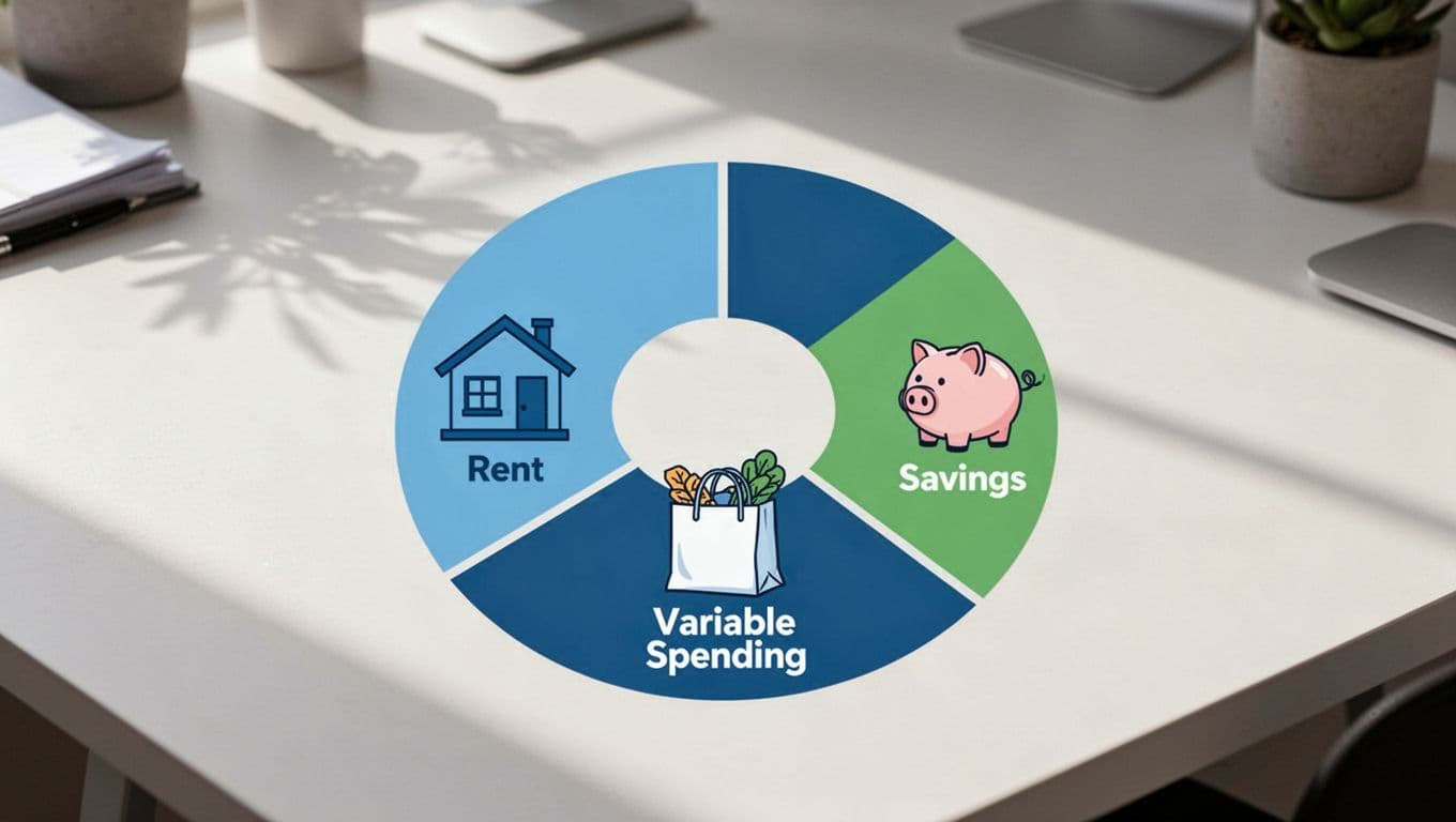 Modern illustration of three labeled finance categories: fixed expenses with house icon, variable spending with grocery bag, and savings/debt with piggy bank, arranged in pie chart or boxes on a desk using clean shapes, blues and greens.