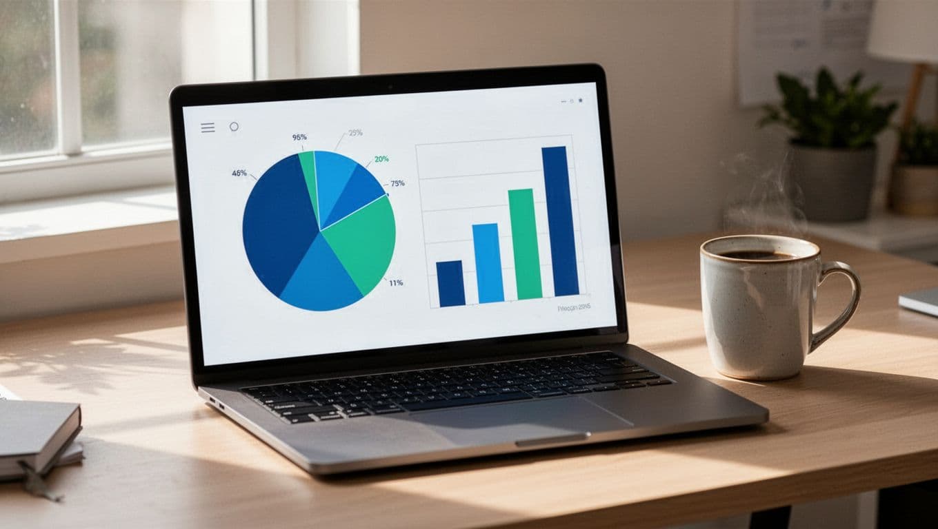 Modern illustration of pie chart and bar graph on a laptop screen visualizing expense categories like food, transport, and savings in a home office with coffee mug nearby, clean shapes, blue-green palette.