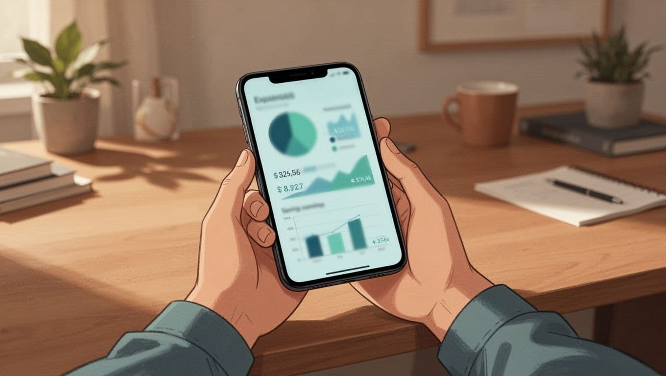 Modern illustration featuring relaxed hands holding a smartphone with a budget tracking app showing auto-categorization charts for expenses and savings, set in a cozy home office with clean blues and greens.