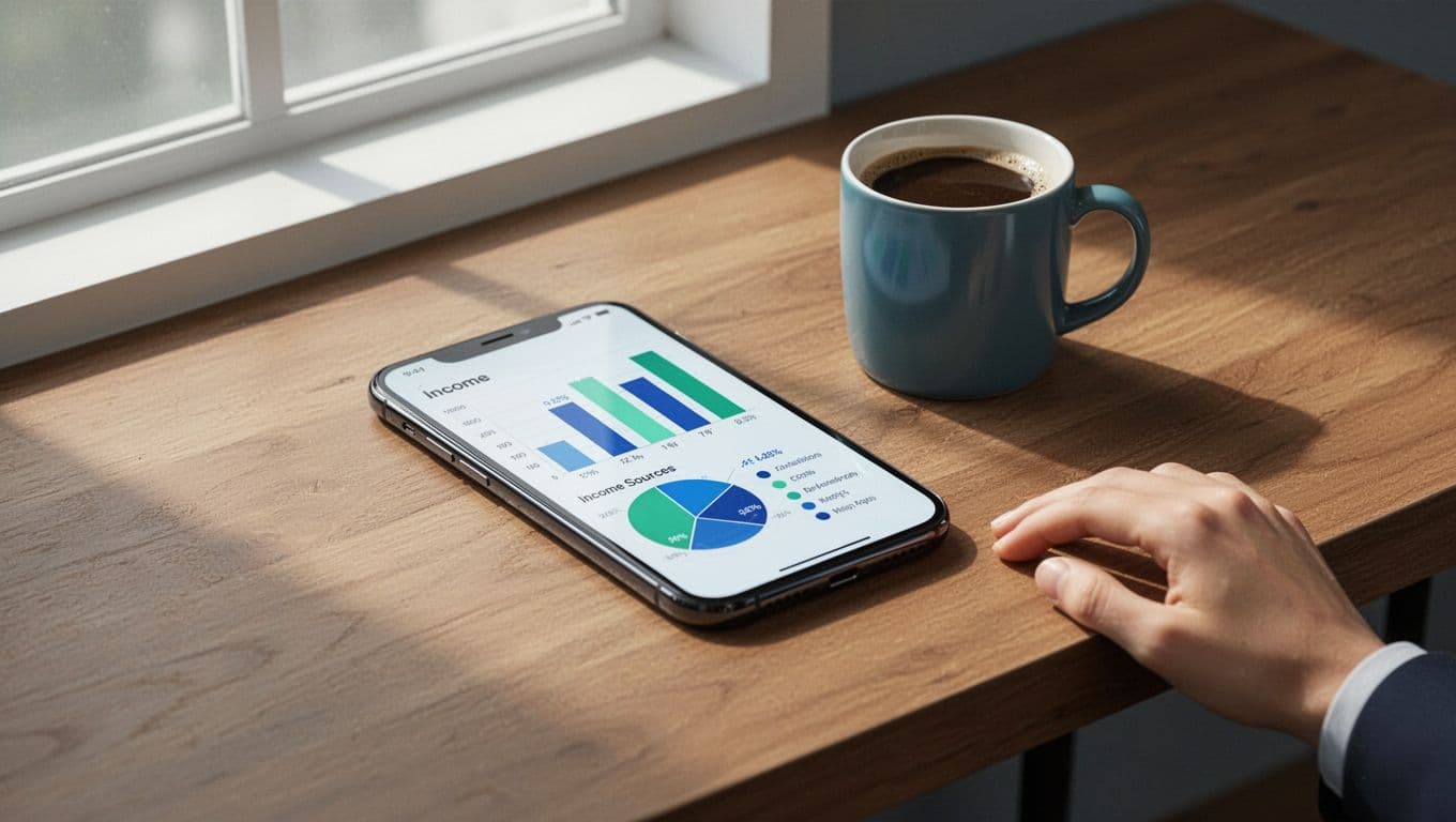 Modern illustration of a smartphone on a wooden table displaying abstract charts for income categories like salary, gigs, and passive income, with a coffee mug and relaxed hand nearby under soft light.