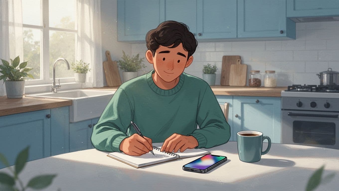 Modern illustration of a person at a kitchen table writing budget on notepad, phone app open to expense tracker, coffee mug nearby, focused calm expression in daytime home kitchen.