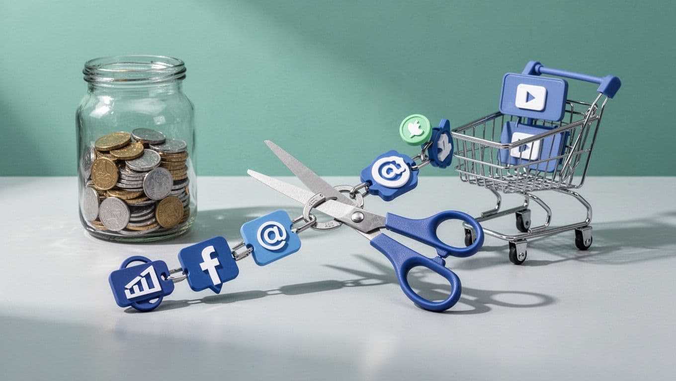 Modern illustration in soft blues and greens showing a desk with calendar crossed-out subscriptions, paused shopping cart, money jar, and scissors cutting subscription chain icons, symbolizing waste reduction and savings.