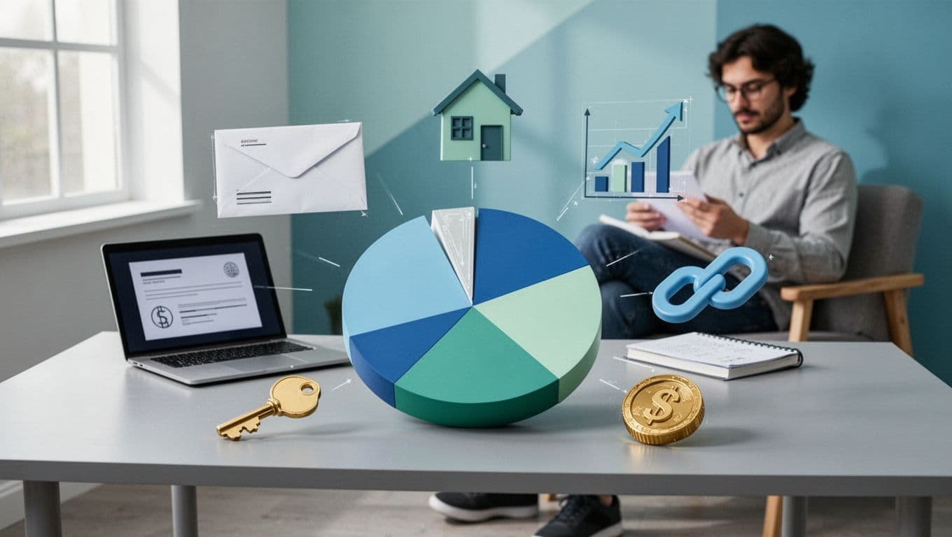 Modern illustration featuring various income sources like paycheck, freelance laptop, rental key, stocks, crypto, and affiliate icons arranged around a central pie chart on a desk, with one person reviewing notes in the background.