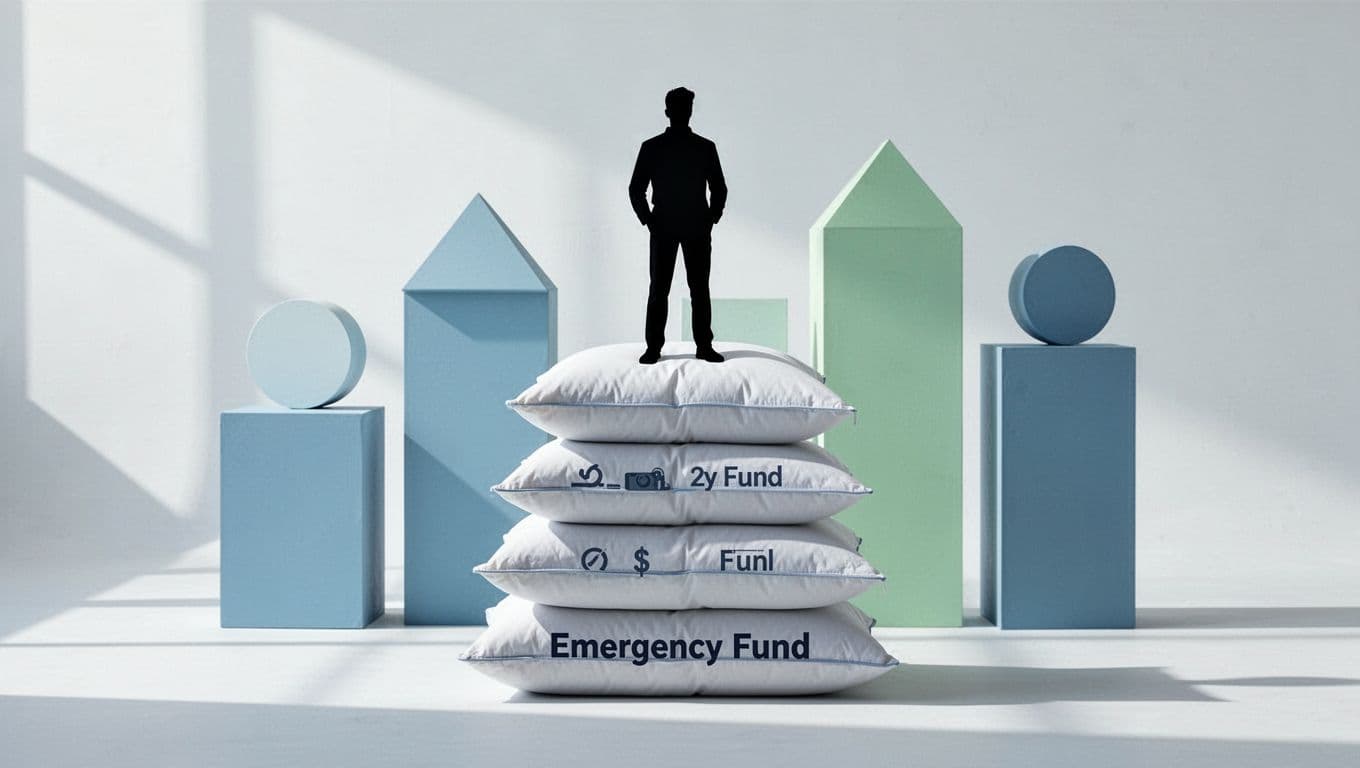 Illustration of stacked safety net cushions representing emergency funds, with savings account and CD ladder icons in the background. A confident freelancer silhouette stands on top in modern style with soft blues and greens.