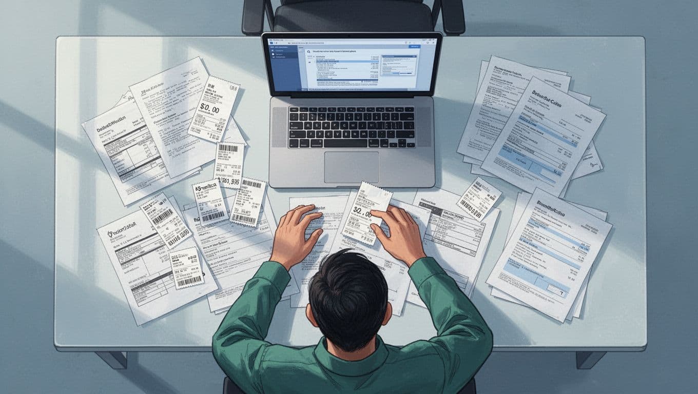 Modern illustration depicting a cluttered desk transforming into an organized one with bank statements, receipts, and a laptop scanning papers; one calm person sorting from above in blues and greens.