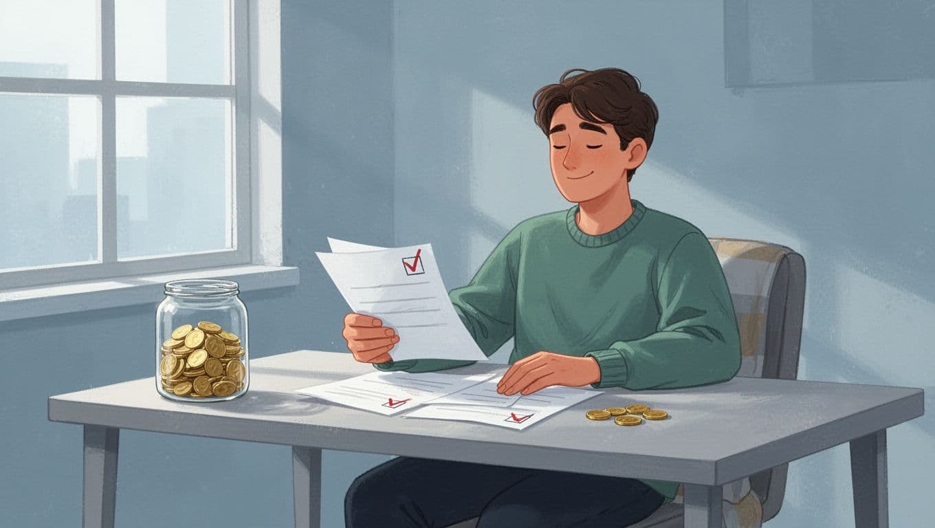 Modern illustration of a relaxed person at a home desk with stamped paid bills, a full emergency fund jar of coins, and faded no-debt icons, evoking financial peace in soft blues and greens.