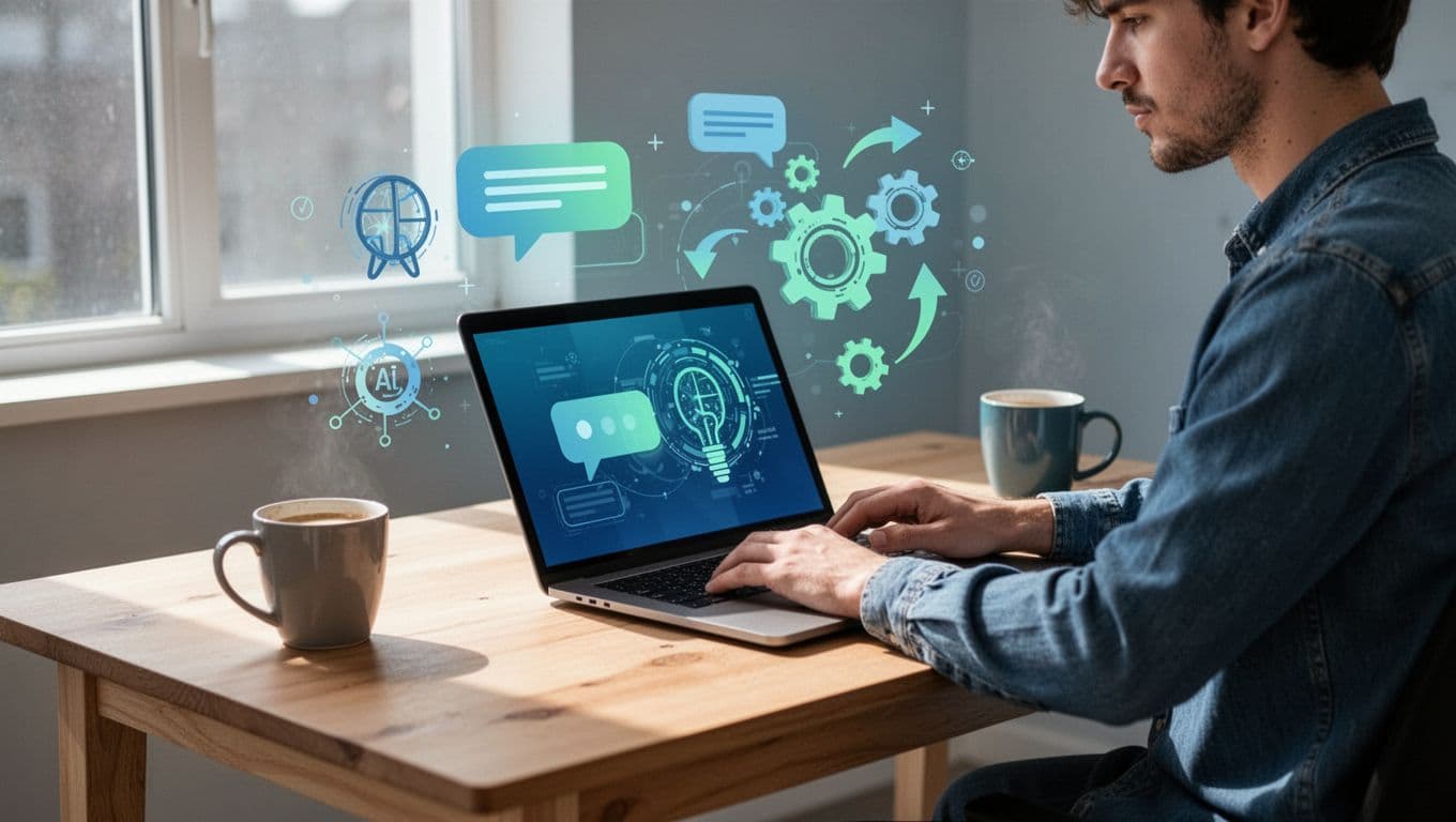 Modern illustration in blues and greens showing a freelancer at a wooden desk with laptop displaying AI workflow icons, coffee mug, and natural daylight.