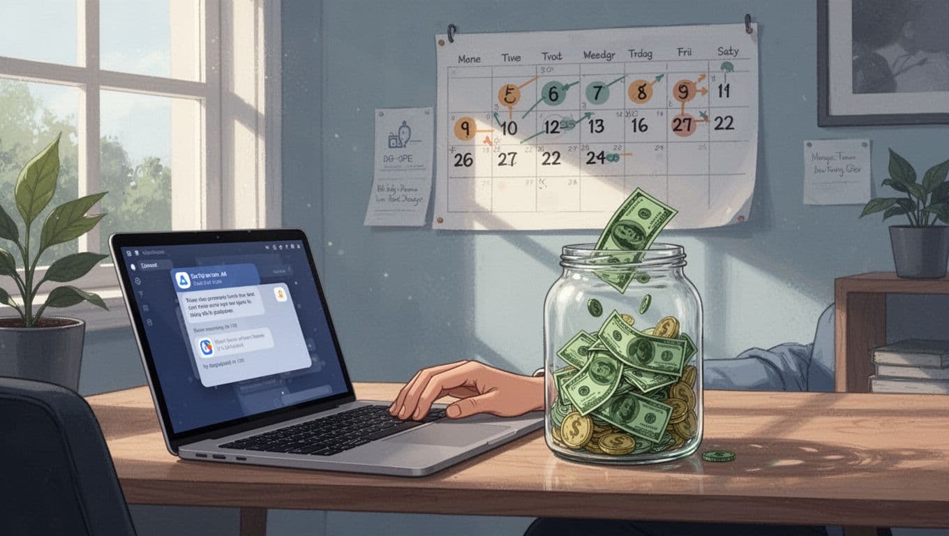 A freelancer seated at a laptop in a home office receives a payment notification and automates a transfer to a growing savings jar, with a calendar displaying irregular gig dates. Modern illustration featuring clean shapes, soft blues and greens, and flowing composition under window light.
