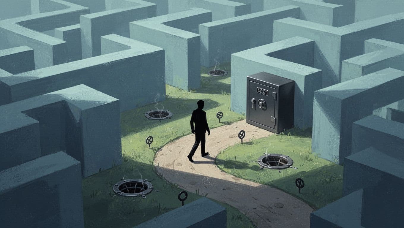 Silhouette of a freelancer navigating a maze-like path, dodging unseen traps and warning signs, steering toward a locked savings safe. Modern illustration with clean shapes, soft blues and greens, strong composition, and subtle shadow lighting.