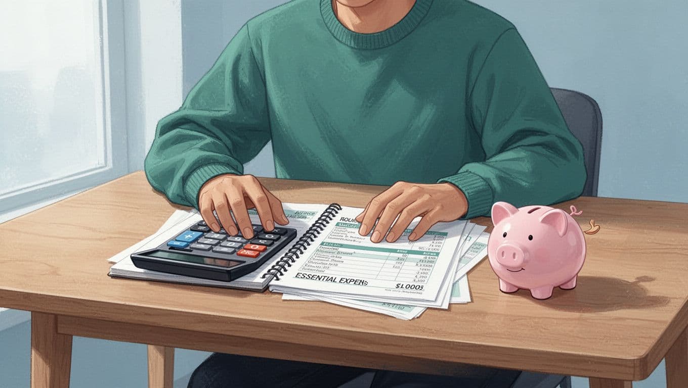 Modern illustration of a freelancer at a simple desk with a calculator and notebook listing essentials like rent, food, and utilities, next to a growing piggy bank, centered on calculating savings target in blue and green palette.