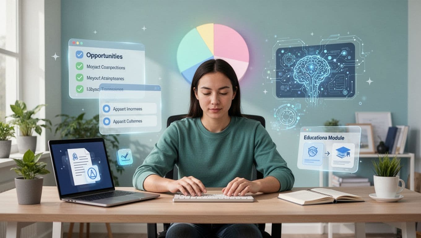 Modern illustration of a freelancer at a home desk surrounded by icons of diverse income sources like client contracts, remote jobs, AI gigs, and online courses, with a background pie chart showing balanced streams.