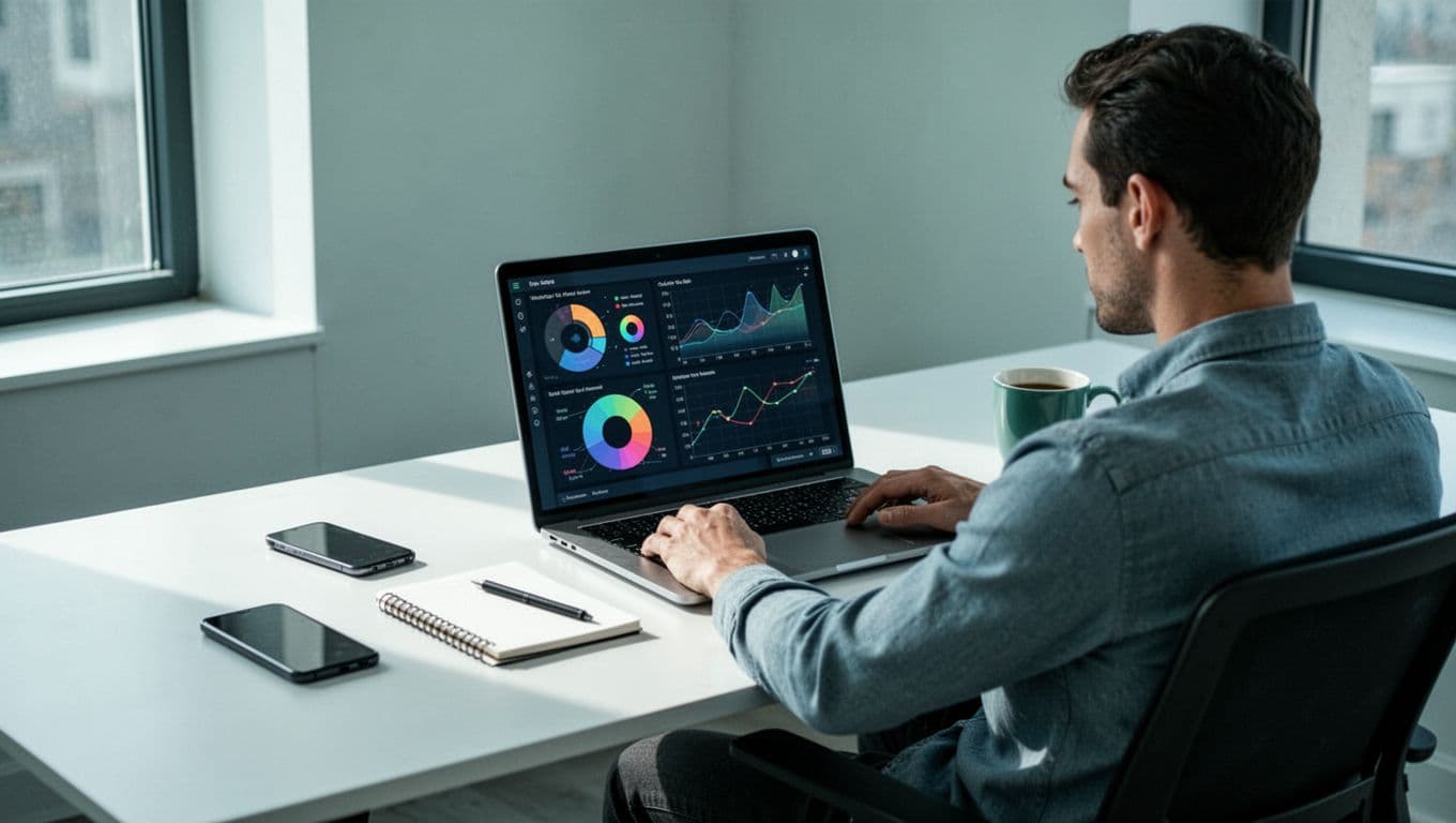 A freelancer relaxes at a modern desk viewing abstract charts and icons for accounting apps on a laptop screen, with phone, notepad, and coffee mug nearby, in a clean illustration style using cool blue and green tones.