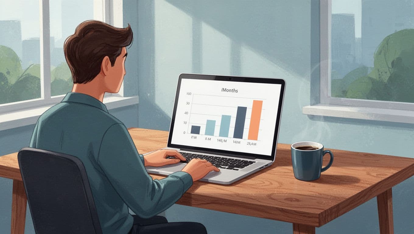 Illustration of a person at a wooden desk closely reviewing a laptop screen bar chart of six months freelancer income ($1500-$2500), lowest month highlighted, coffee mug nearby, modern style with soft blues, greens, oranges.