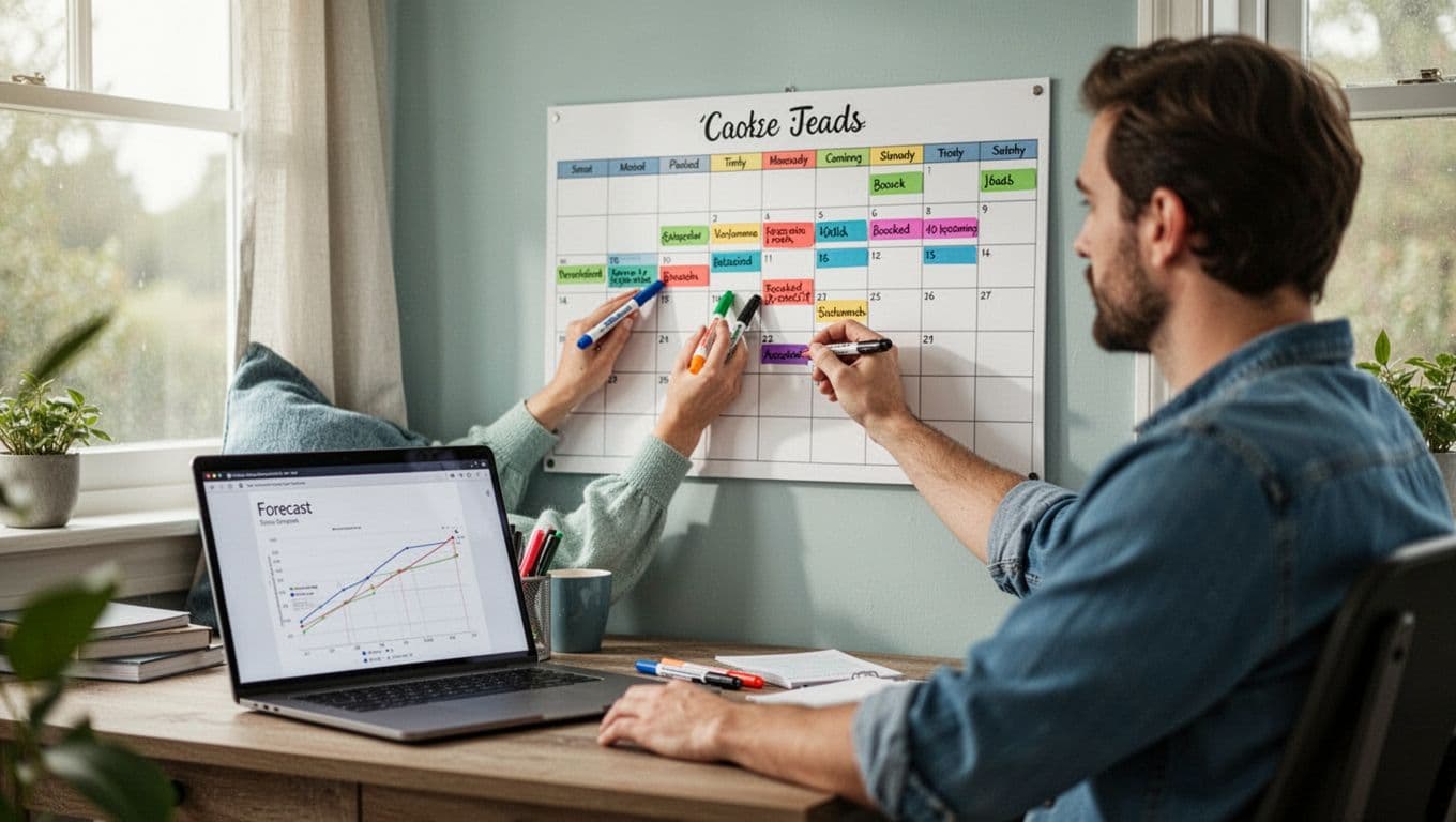 A freelancer at a desk marks a wall calendar with booked jobs and pipeline leads using colored markers, with a laptop showing a simple forecast chart nearby in a modern home office illustration.