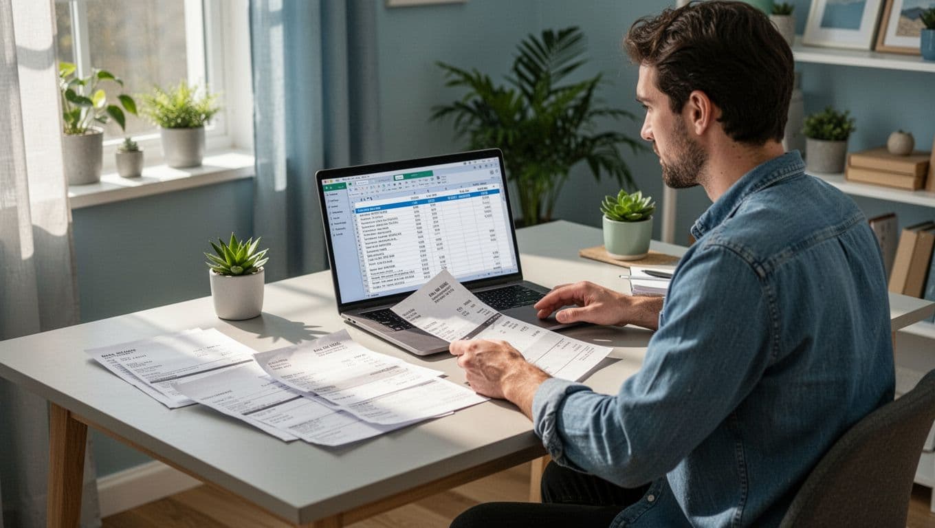 A freelancer sits relaxed at a simple desk in a bright home office, reviewing printed invoices and bank statements beside an open laptop with a visible spreadsheet. Modern illustration style featuring clean shapes, soft blues, greens, neutrals, strong composition, and natural window light.