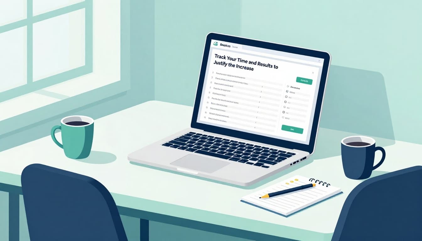Modern illustration in clean shapes and a controlled palette of blues and greens, depicting one freelancer at a simple desk with laptop open to a time tracking app at an angle, notepad with calculations, coffee mug, and natural daylight lighting.