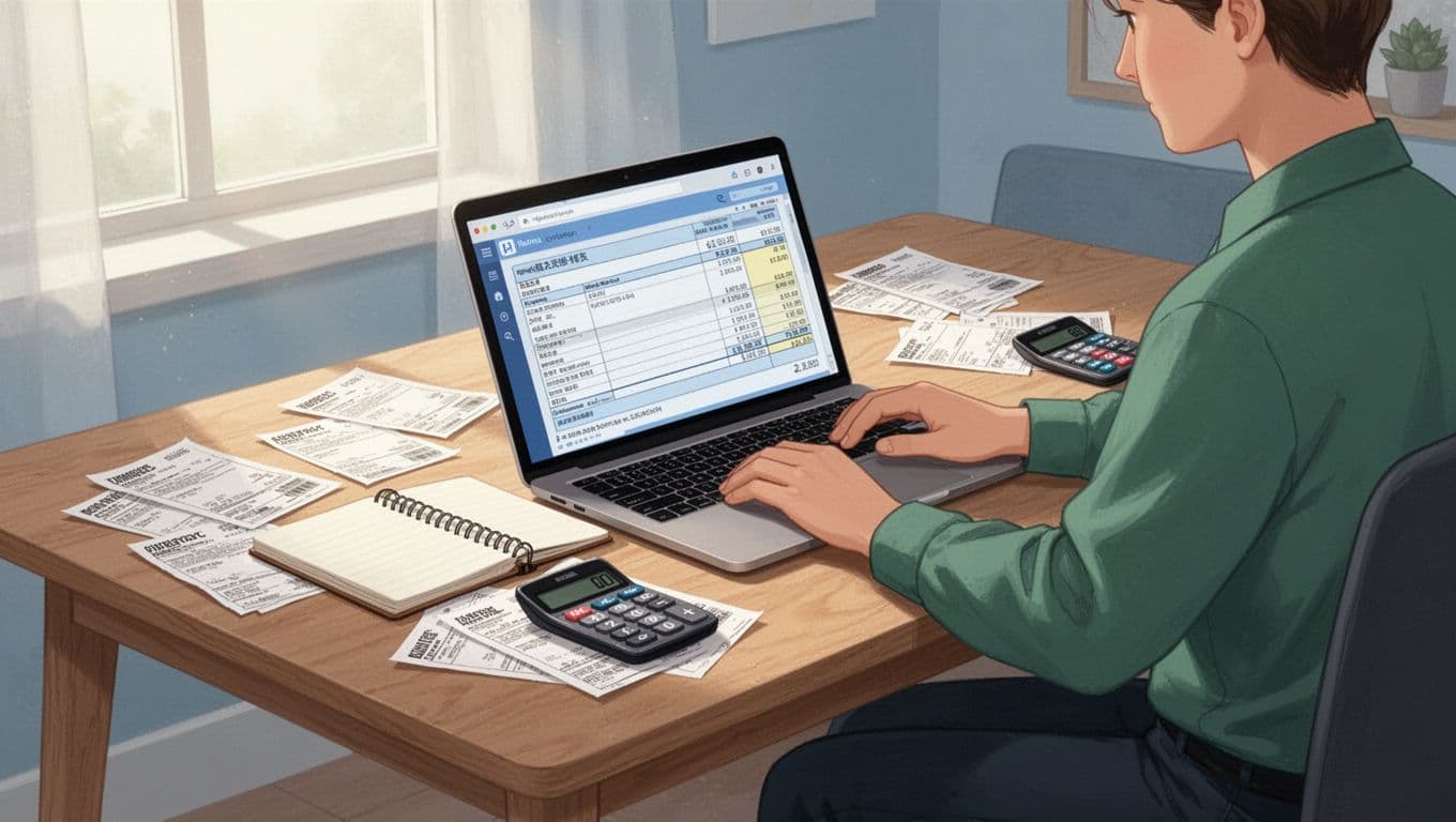 A freelancer sits at a simple wooden desk in a cozy home office, surrounded by bills and a notebook with calculator nearby, reviewing expenses on a laptop screen shown at an angle. Modern illustration style with clean shapes, soft blues and greens, natural daylight lighting focusing on the desk area.