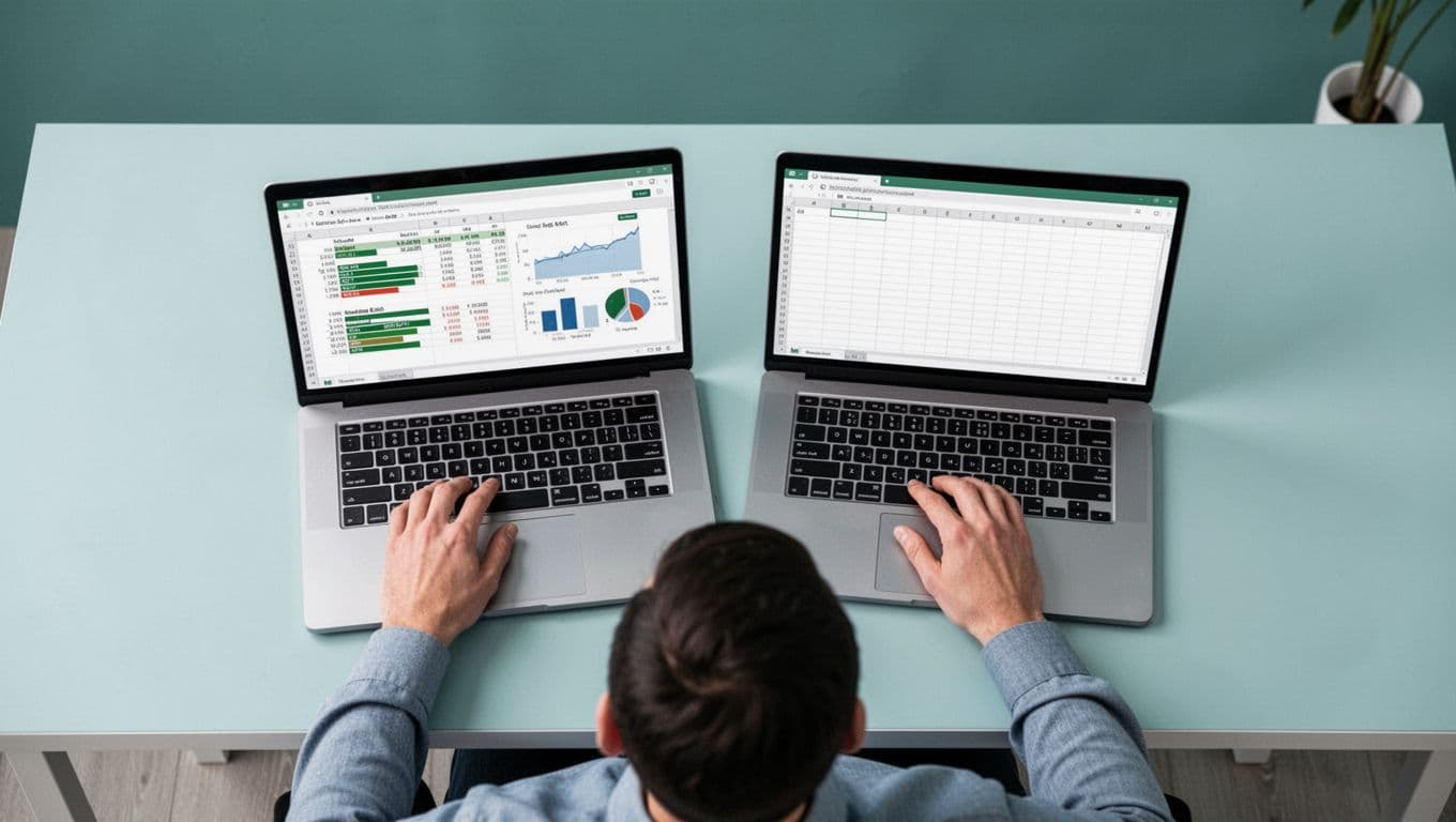Modern illustration of a person at a desk comparing two laptops side by side, one open to Google Sheets budget interface with charts, the other to Excel spreadsheet, in a clean blue and green palette.