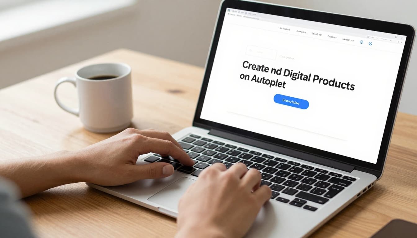 Close-up of hands using Canva on a laptop screen showing a simple template design, coffee mug nearby on wooden desk, bright workspace with warm lighting.