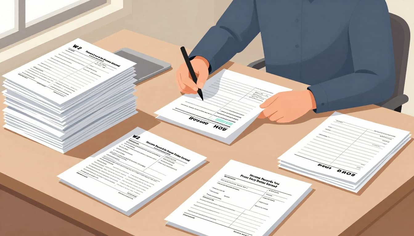 Modern illustration of an organized home office desk with stacks of tax documents including W-2 forms, 1099-NEC, bank statements, and invoices. One person sits reviewing the papers under soft natural lighting from a window.