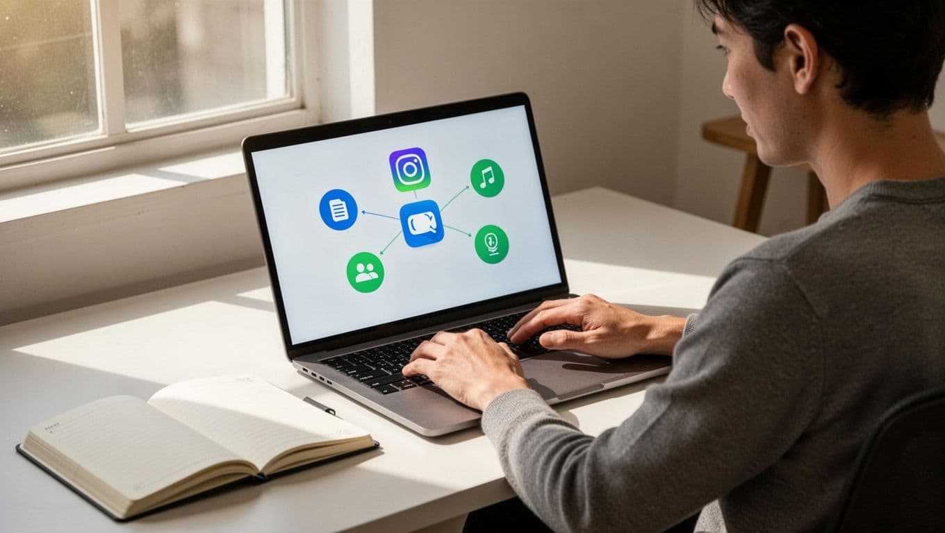 Modern illustration of a person at a home desk connecting bank and PayPal icons to a central finance app on a laptop screen, with notebook nearby and natural daylight, depicting simple setup process.