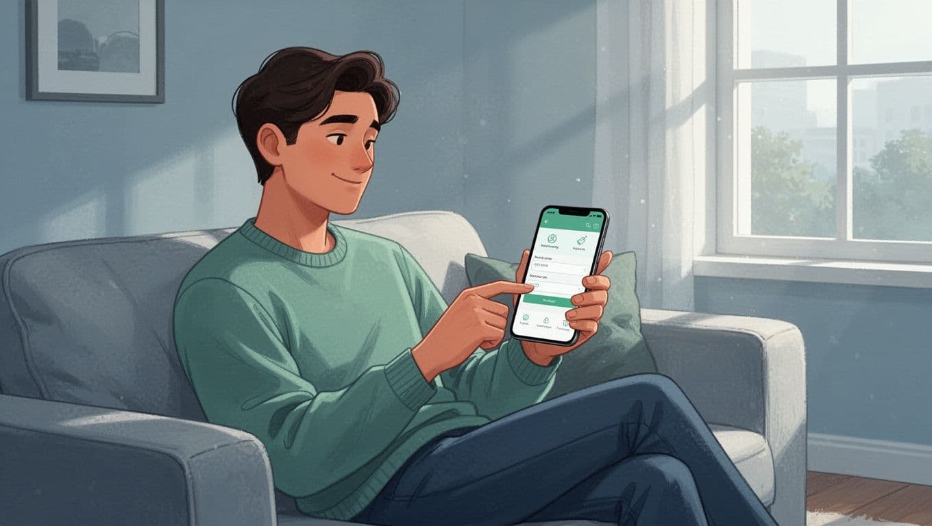 Modern illustration of a relaxed person on a couch at home, entering an expense into a simple spreadsheet app on their phone with date, amount, and category fields. Clean shapes and blue-green palette emphasize the daily habit of expense tracking.