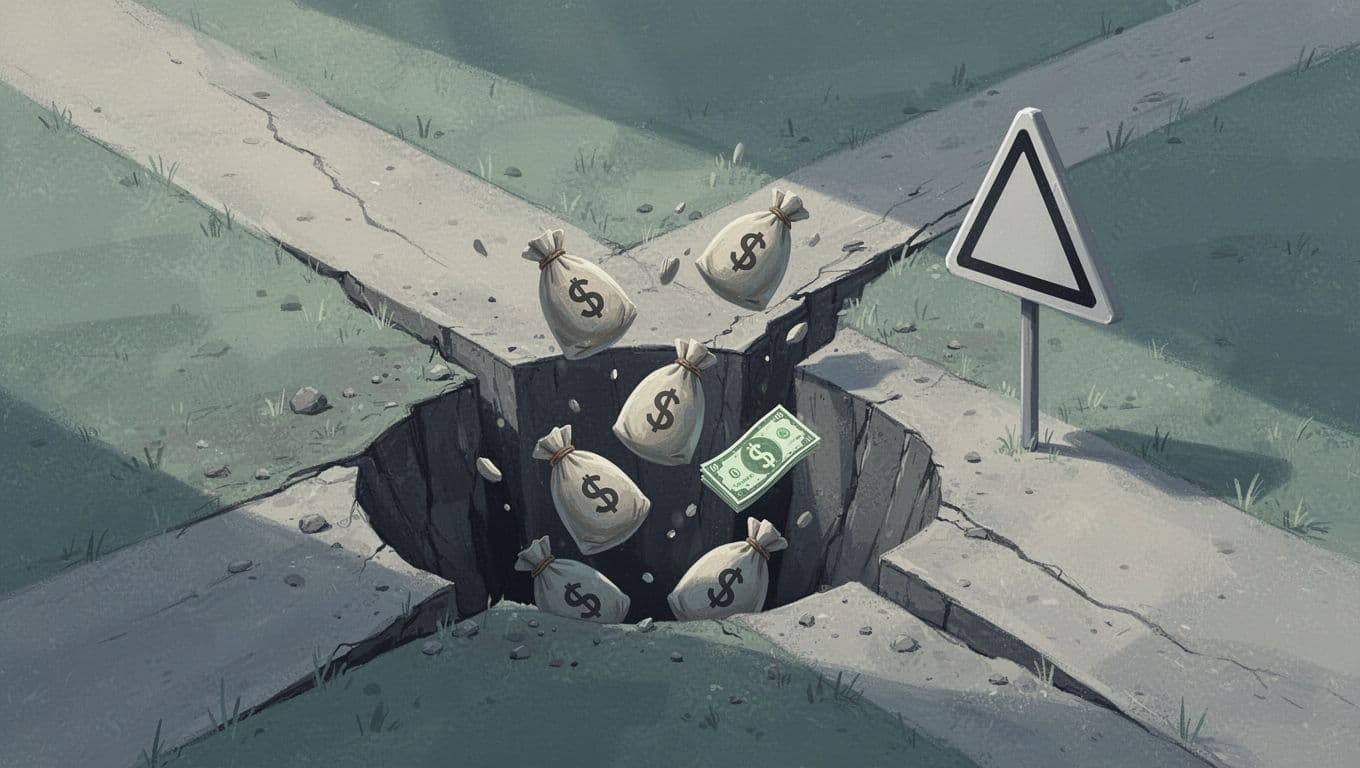 Modern illustration showing a deep pitfall hole with mixed personal and business money bags falling in, a nearby warning sign, and diverging safe paths for separation. Blues and greens color palette with clean shapes and strong composition.