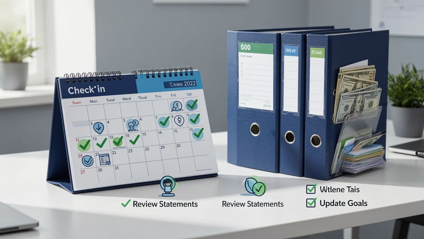 Modern illustration featuring a calendar with marked monthly check-ins, a financial binder nearby, and checklist icons for routines like reviewing statements and updating goals on a clean desk setup in blues and greens.