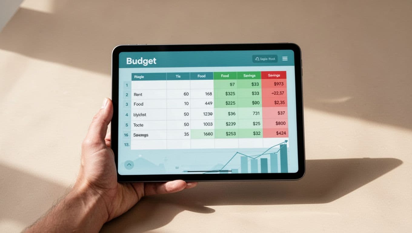 Modern illustration of a simple monthly budget spreadsheet on a tablet screen held by one hand, featuring categories like rent, food, and savings with numbers and green/red highlights.