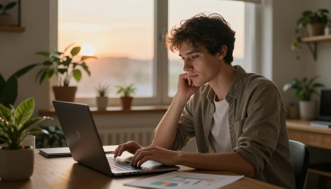 A motivated person works on a laptop in a comfortable home setting with plants, reviewing progress charts under warm sunset light through the window.