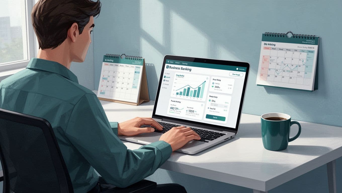 Modern illustration of a person at a desk opening a business bank account app on a laptop, in a simple office with calendar, coffee mug, and natural daylight, using blues and greens.