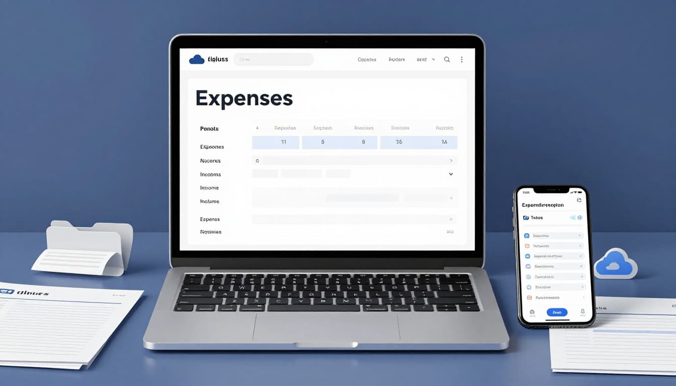 Modern illustration of digital folders on a computer screen with receipts, mileage log app on phone, cloud storage icon, and organized desk files labeled expenses and income, in blues and grays.