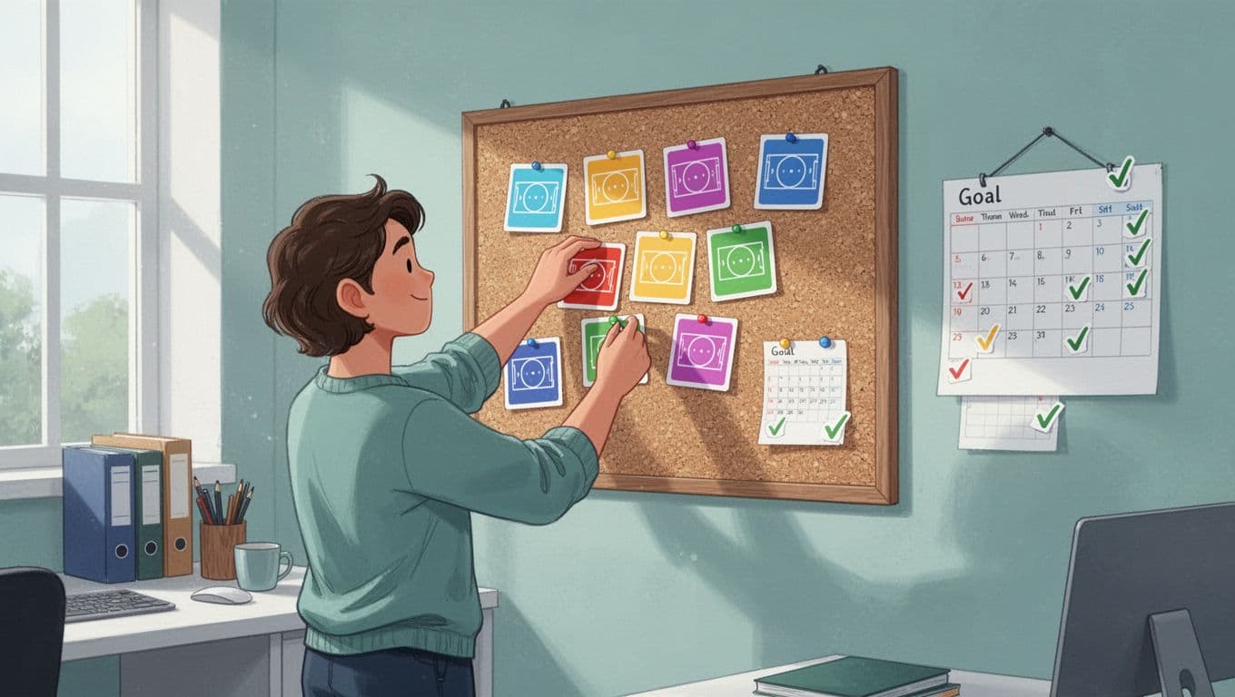 Modern illustration of a person in a relaxed pose pinning specific goal notes like a $2000 savings target on a home office pinboard, with calendar checkmarks for regular reviews, using soft blues and greens.
