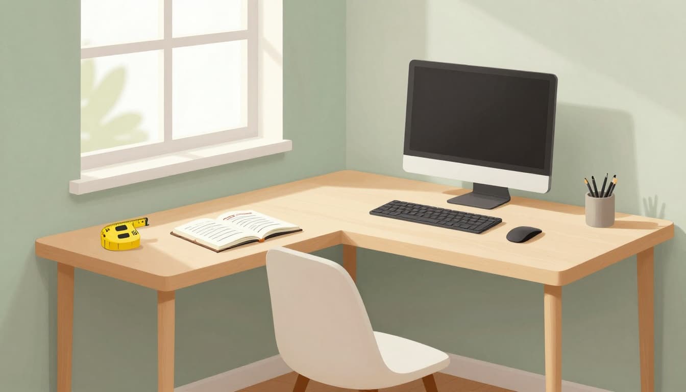 Modern illustration of a home office setup in a living room corner with desk, computer, notebook, measuring tape showing square footage, utility bills, cozy natural light, empty chair, and warm neutral-green palette emphasizing dedicated space.