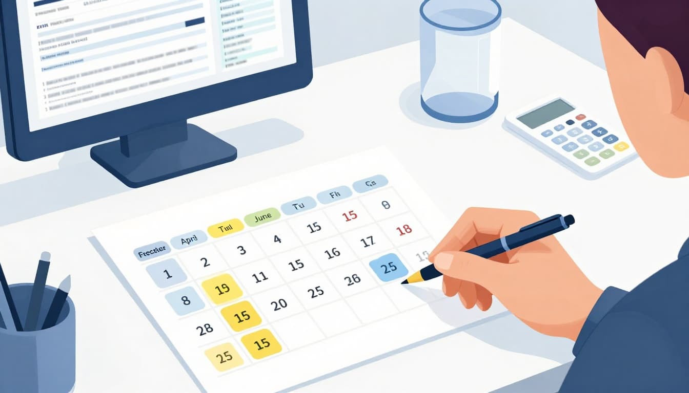 Modern illustration featuring a calendar with highlighted quarterly tax dates—April 15, June 15, September 15, January 15—and a freelancer calculating payments on paper next to a computer showing a tax form, in soft office lighting with clean shapes and a blues-and-yellows palette.