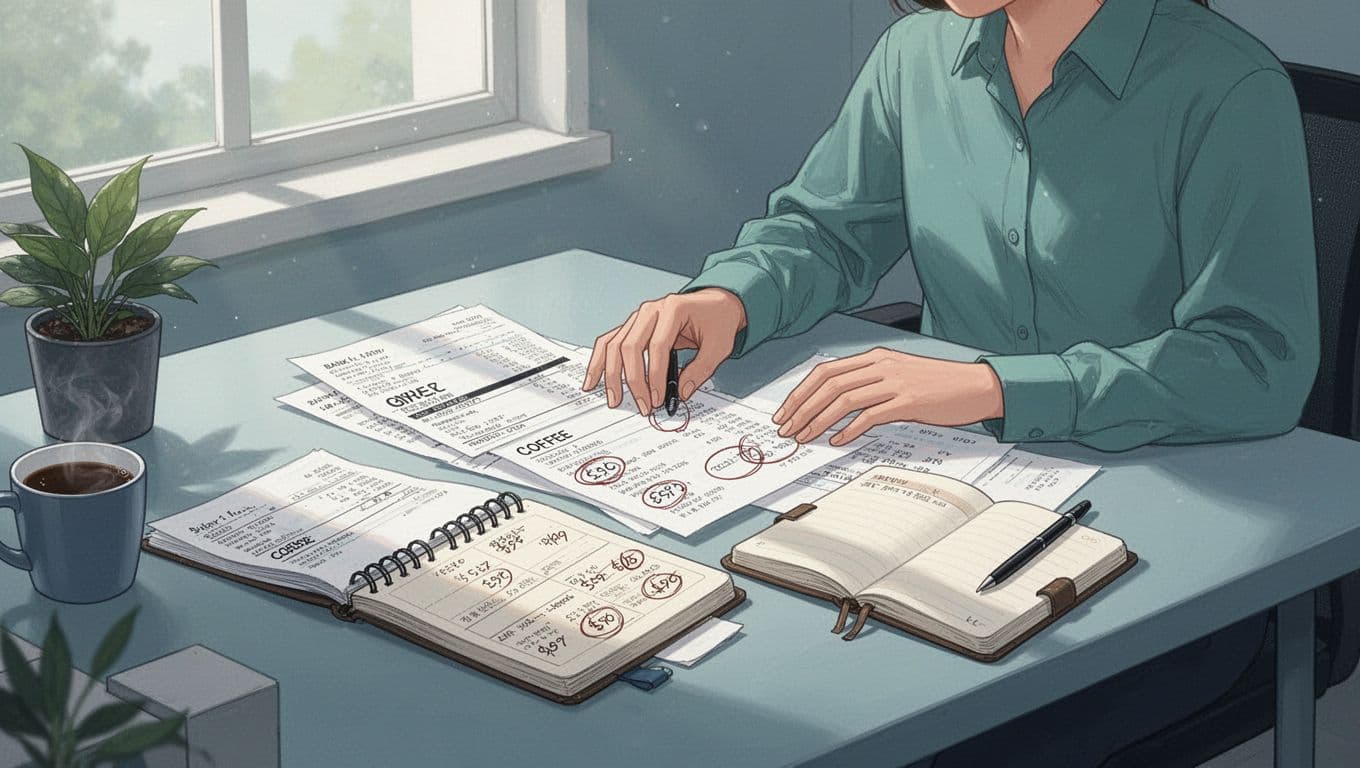 Modern illustration in soft blues and greens showing a person at a desk in a simple home office, reviewing bank statements and a notebook diary while spotting patterns like circled coffee purchases, with relaxed hands and natural lighting.