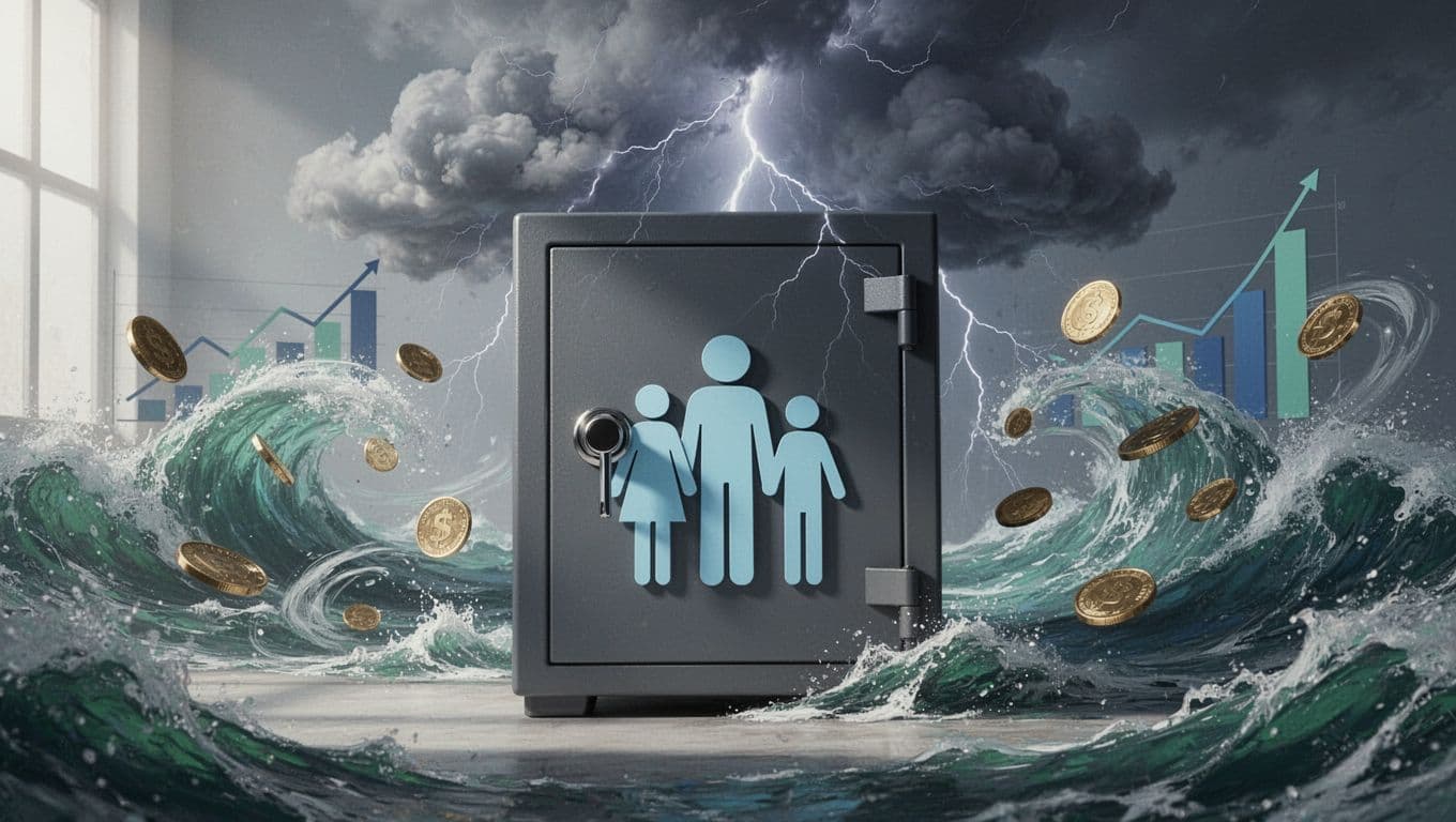 Modern illustration of a sturdy safe protecting a happy family home from turbulent business storm clouds and waves, with simple family silhouette inside and business icons like graphs and coins outside.