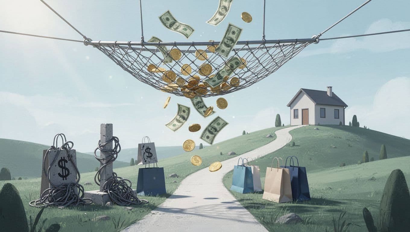 Modern illustration of a safety net catching falling coins and bills, avoiding pitfalls like debt traps and emotional shopping bags below, with an upward path to a secure house on a hill in a symbolic landscape under bright daylight.