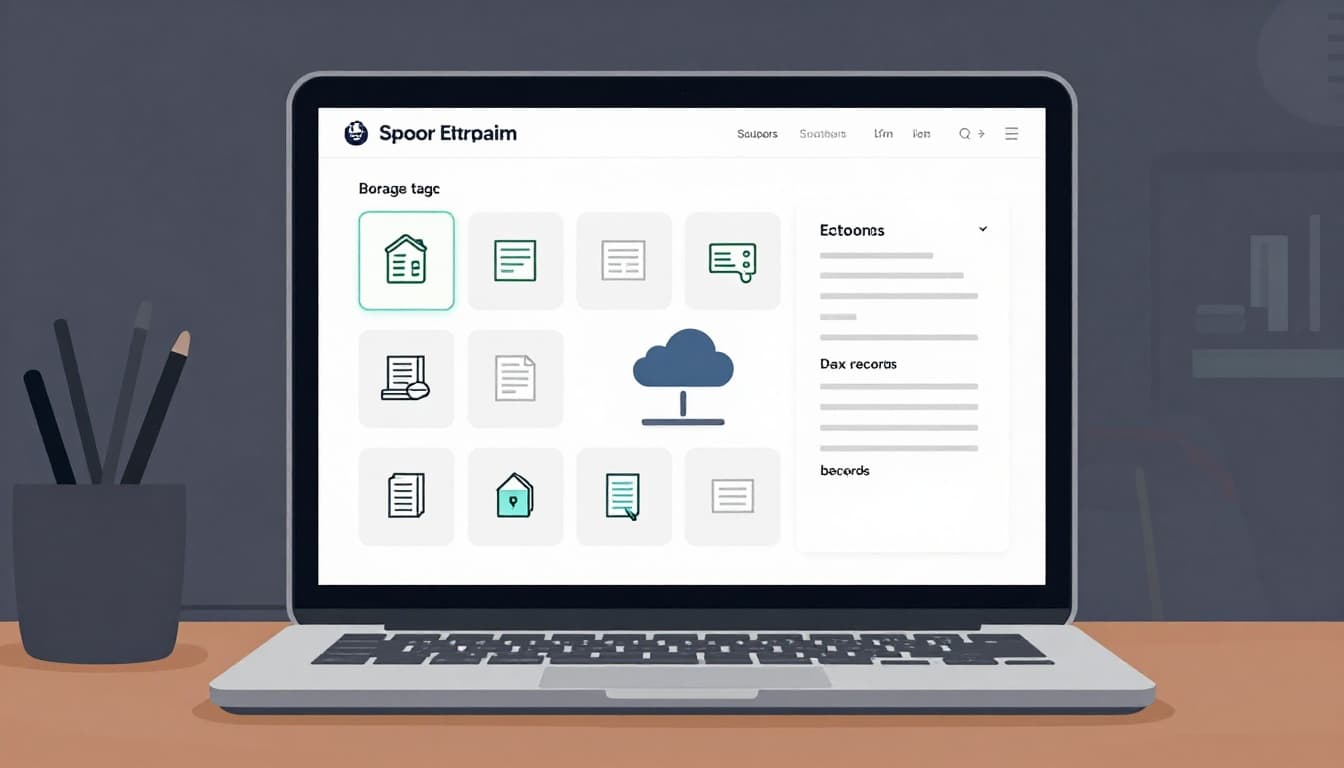 Modern illustration of a laptop screen displaying organized digital folders with tax icons like receipts and scanned forms, next to a secure cloud icon on a desk with mouse and keyboard in dim office lighting.
