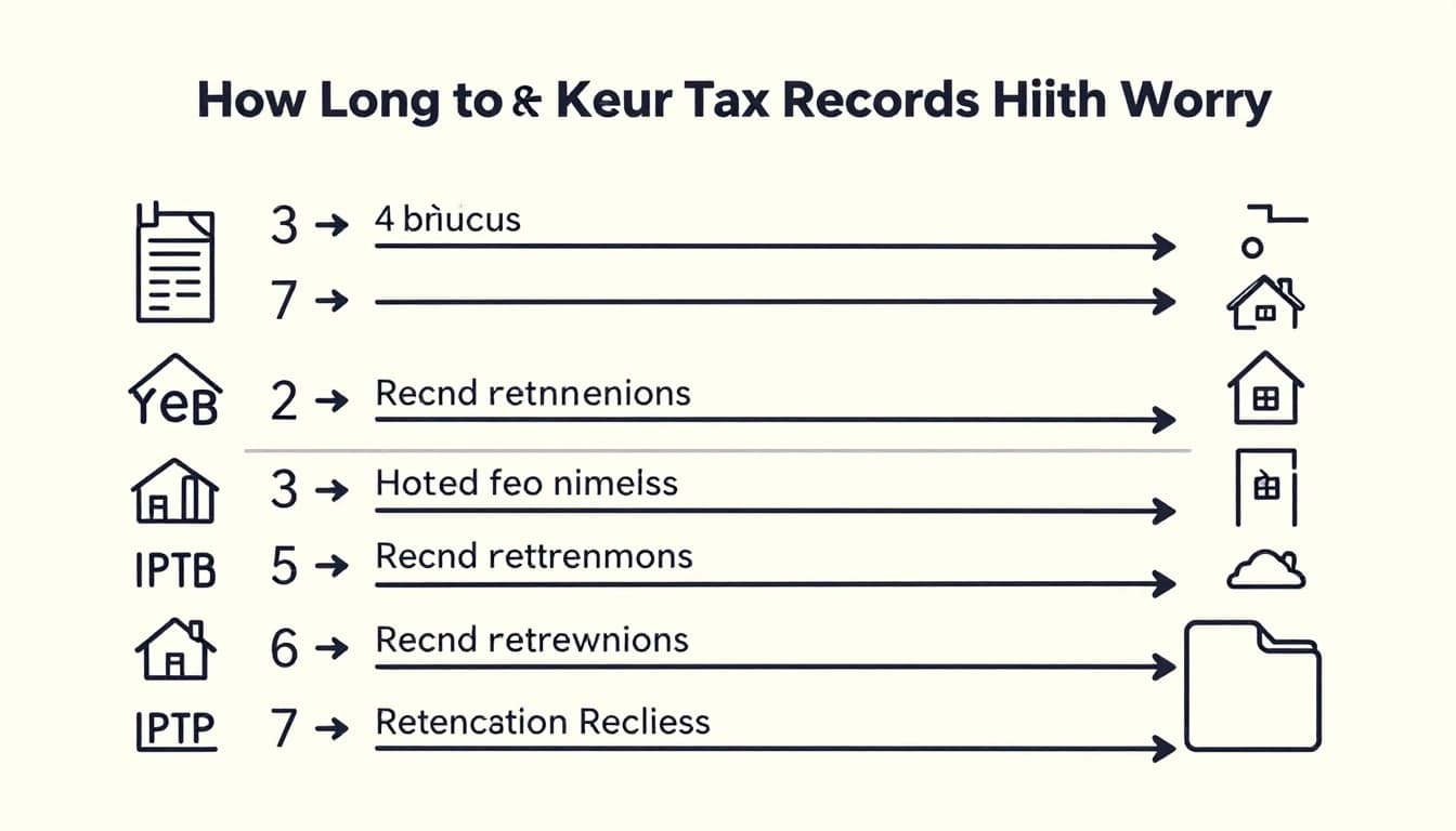 Modern illustration of a simple timeline featuring file folders with retention periods like 3 years and 7 years, alongside property icons, in a clean composition with soft lighting.