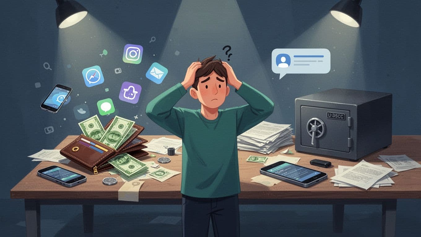 Modern illustration in blues and greens showing symbolic financial mistakes: open wallet spilling cash, scattered app icons, ignored locked safe, alert bubble, confused figure scratching head amid cluttered desk.